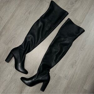 Black Faux Leather Over the Knee Boots with Glossy Finish